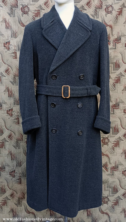 Vintage Mens 1940s 1950s Double Breasted Overcoat Coat Dark Grey Wool DB Belted Medium Long