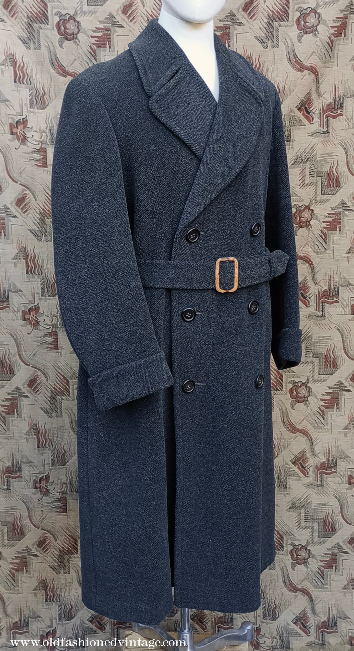 Vintage Mens 1940s 1950s Double Breasted Overcoat Coat Dark Grey Wool DB Belted Medium Long