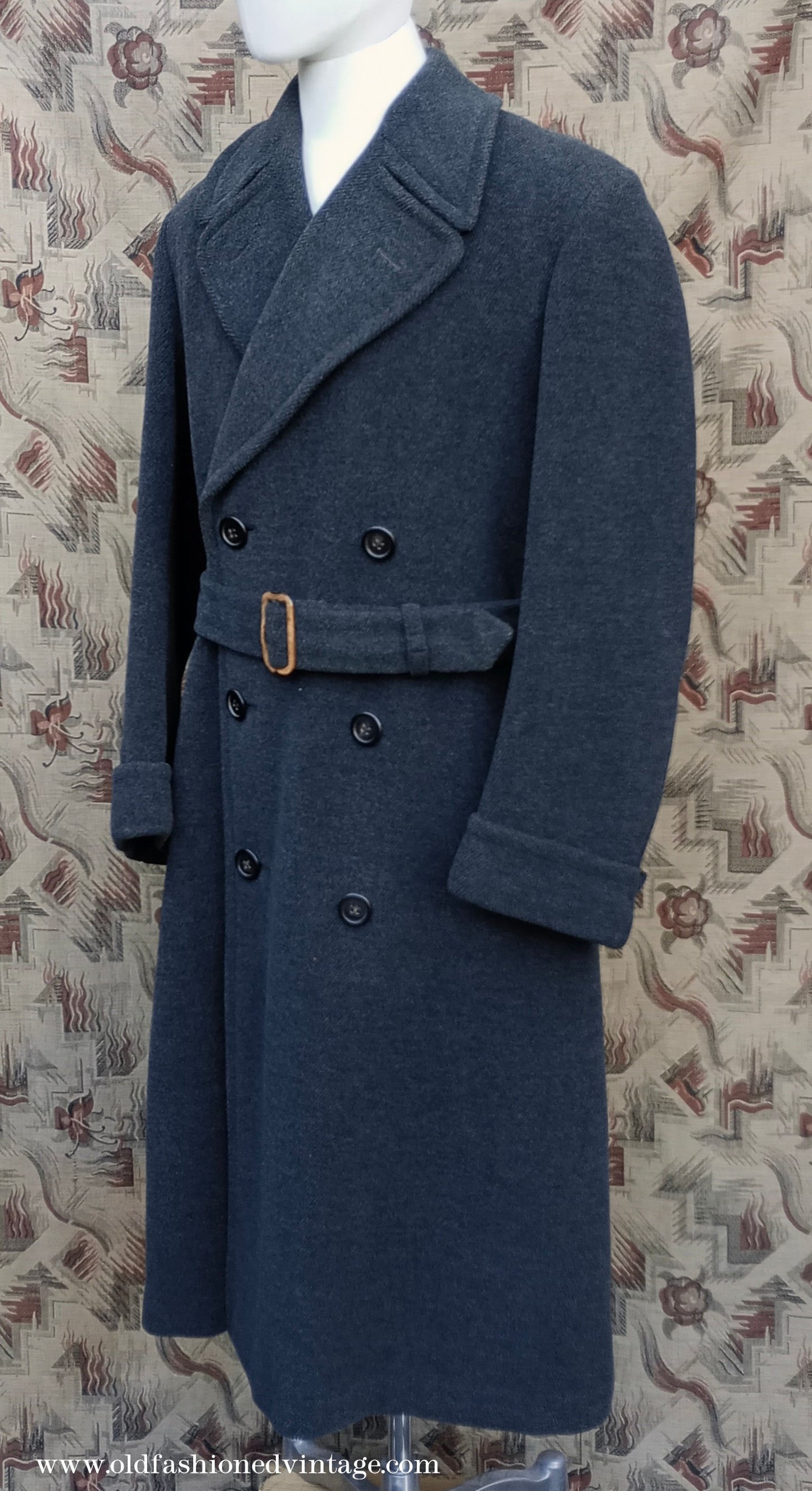 Vintage Mens 1940s 1950s Double Breasted Overcoat Coat Dark Grey Wool DB Belted Medium Long