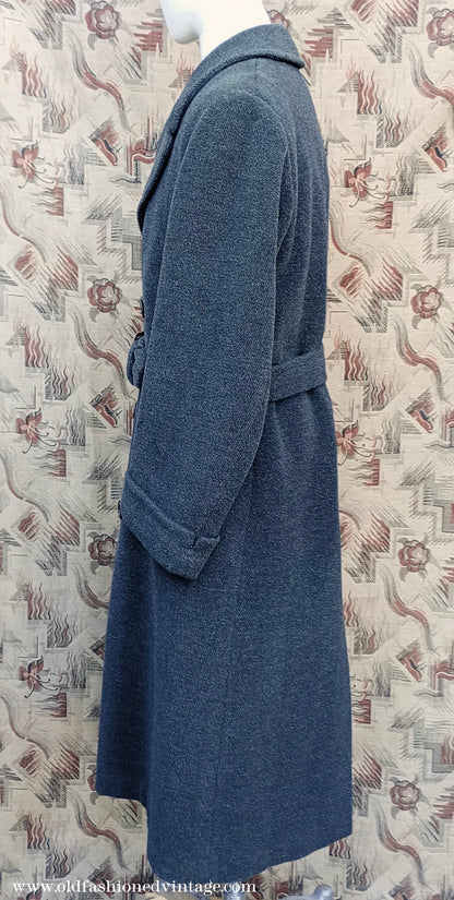 Vintage Mens 1940s 1950s Double Breasted Overcoat Coat Dark Grey Wool DB Belted Medium Long