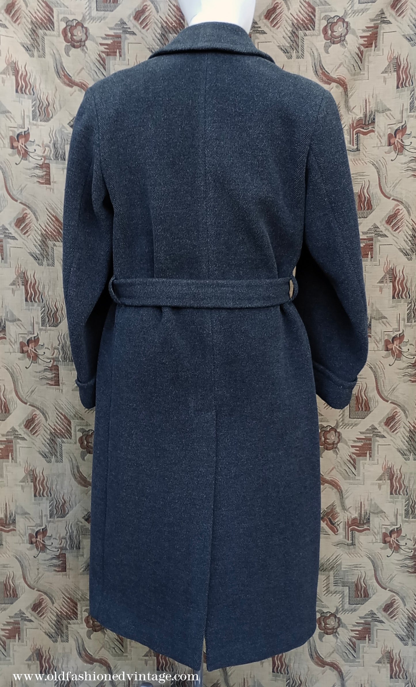 Vintage Mens 1940s 1950s Double Breasted Overcoat Coat Dark Grey Wool DB Belted Medium Long