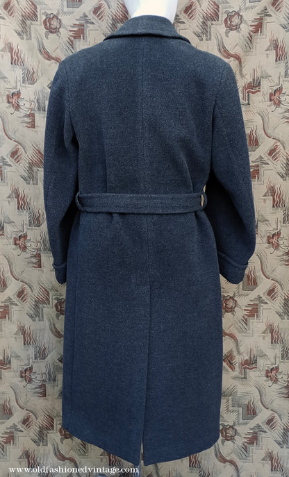 Vintage Mens 1940s 1950s Double Breasted Overcoat Coat Dark Grey Wool DB Belted Medium Long