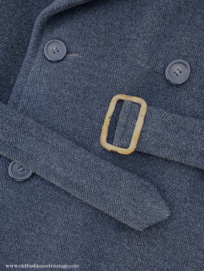 Vintage Mens 1940s 1950s Double Breasted Overcoat Coat Dark Grey Wool DB Belted Medium Long