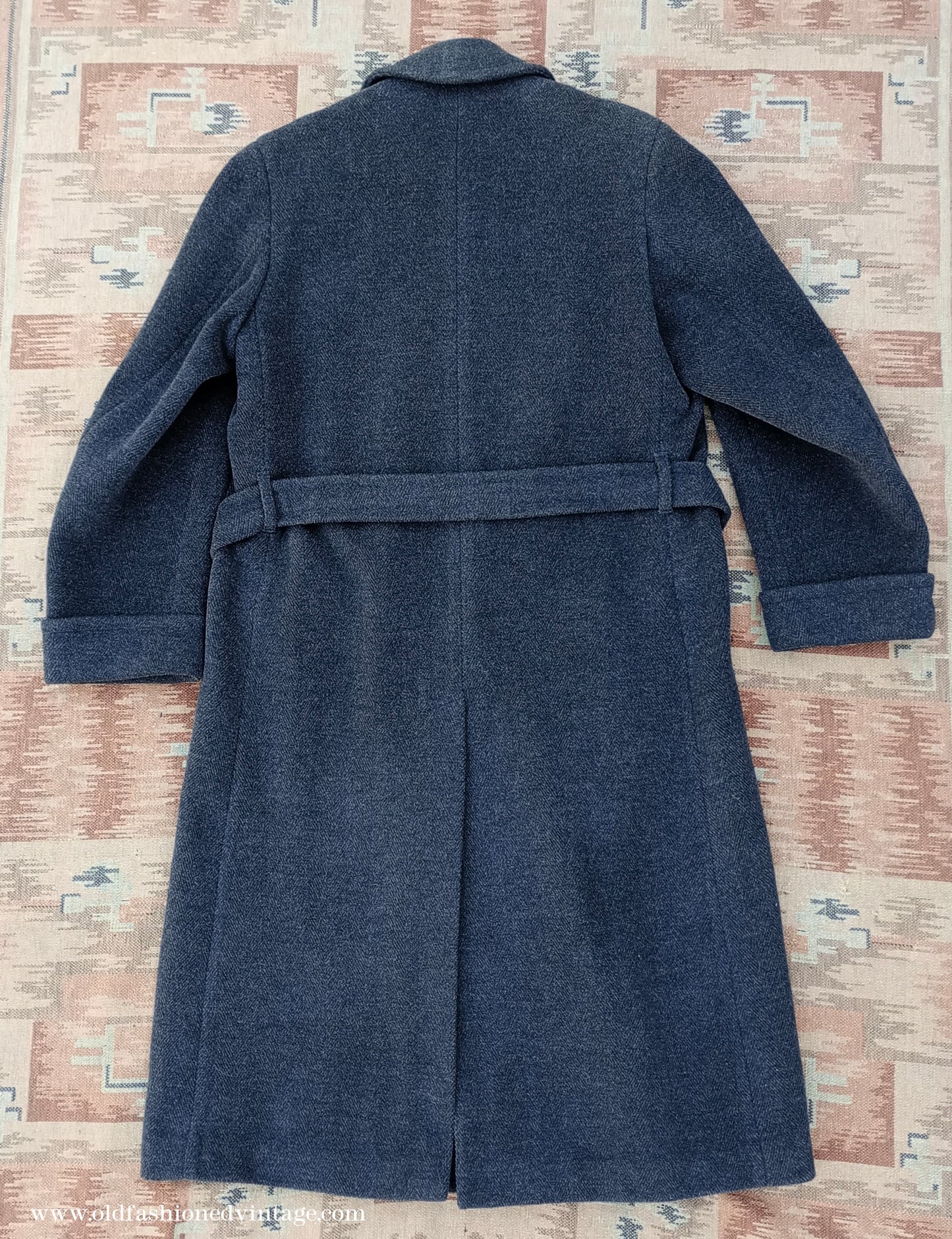 Vintage Mens 1940s 1950s Double Breasted Overcoat Coat Dark Grey Wool DB Belted Medium Long