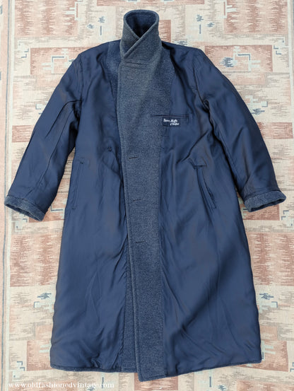 Vintage Mens 1940s 1950s Double Breasted Overcoat Coat Dark Grey Wool DB Belted Medium Long