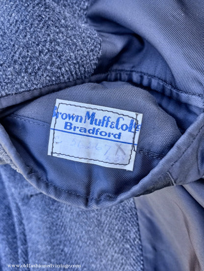 Vintage Mens 1940s 1950s Double Breasted Overcoat Coat Dark Grey Wool DB Belted Medium Long