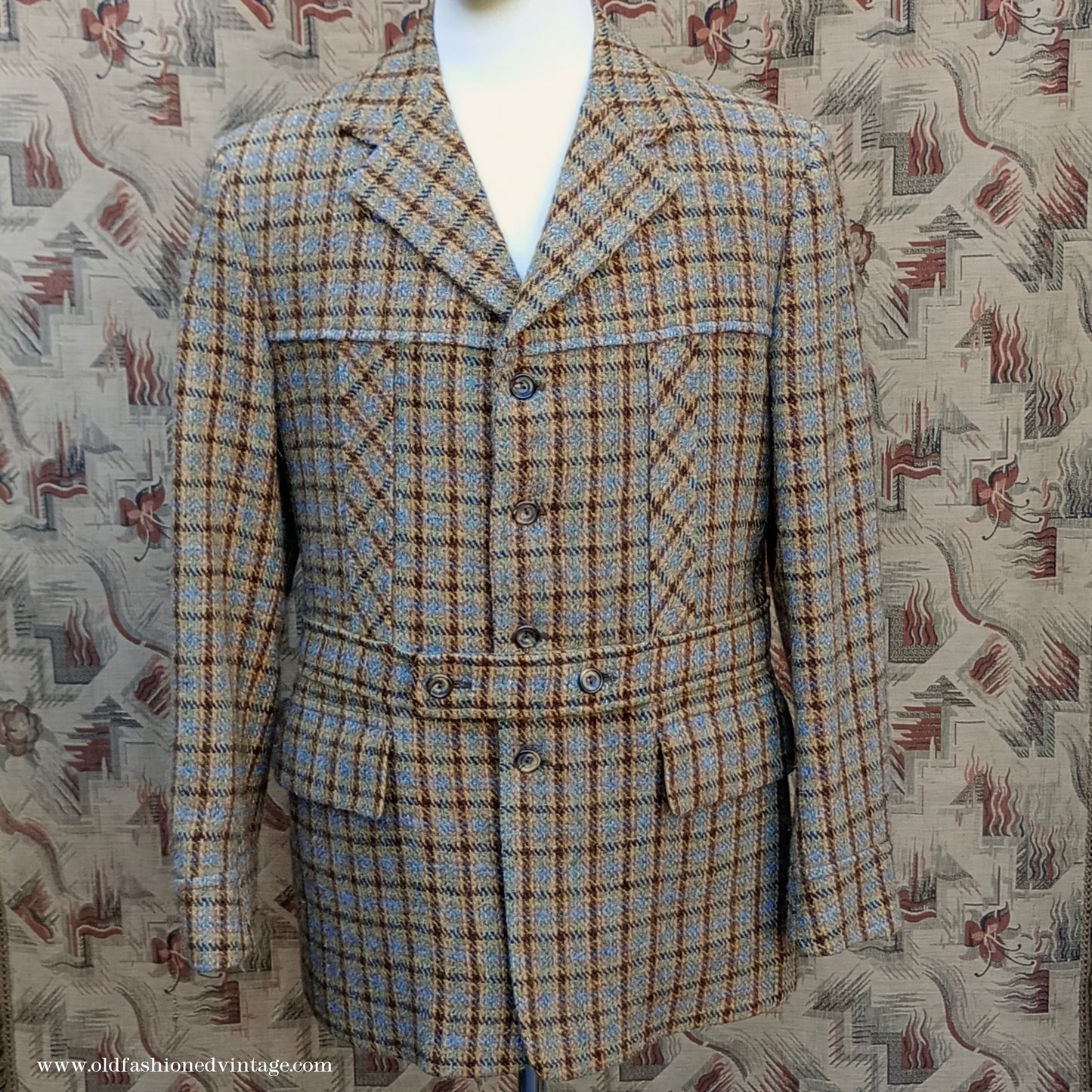 Vintage Mens 1970s Edwardian Style Bespoke Norfolk Tweed Country Belted Jacket Brown Checked Plaid Wool 40" Long
