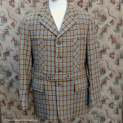 Vintage Mens 1970s Edwardian Style Bespoke Norfolk Tweed Country Belted Jacket Brown Checked Plaid Wool 40" Long