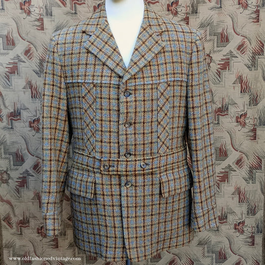 Vintage Mens 1970s Edwardian Style Bespoke Norfolk Tweed Country Belted Jacket Brown Checked Plaid Wool 40" Long