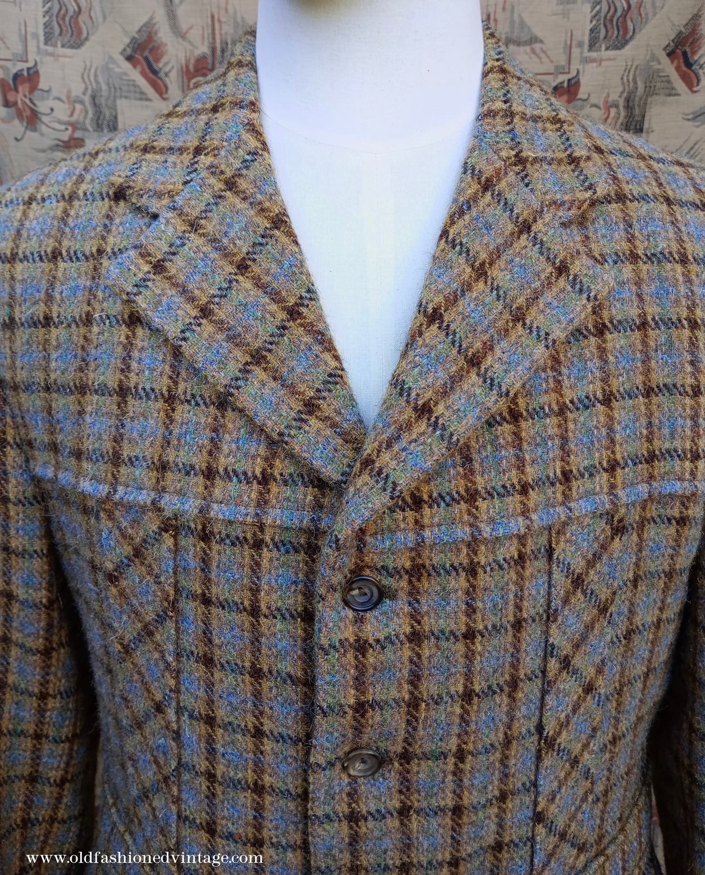 Vintage Mens 1970s Edwardian Style Bespoke Norfolk Tweed Country Belted Jacket Brown Checked Plaid Wool 40" Long