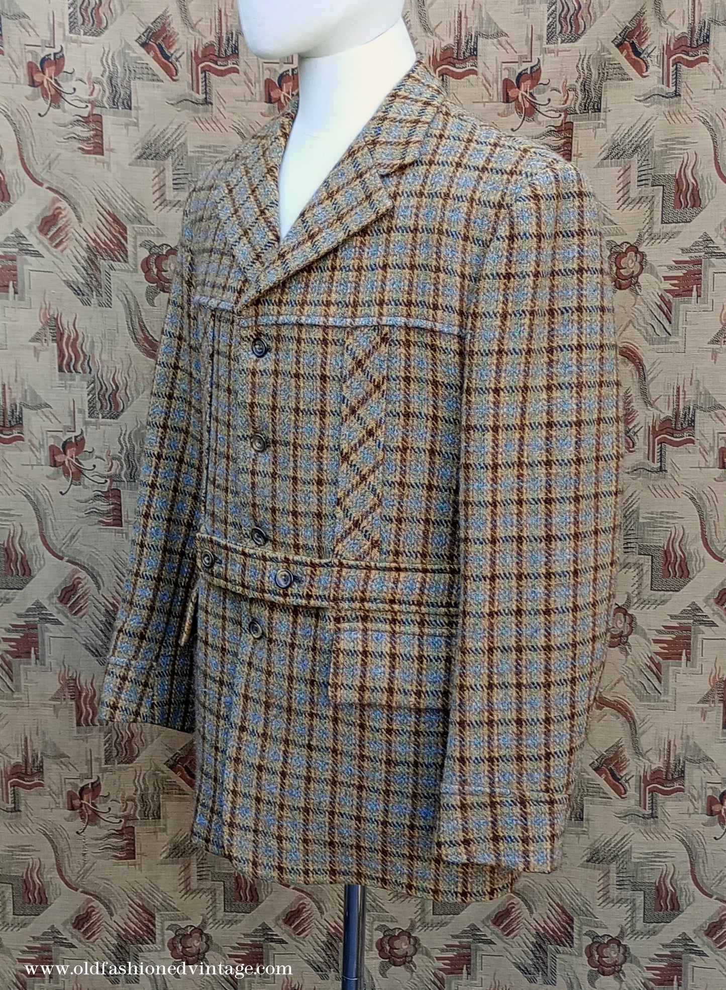 Vintage Mens 1970s Edwardian Style Bespoke Norfolk Tweed Country Belted Jacket Brown Checked Plaid Wool 40" Long