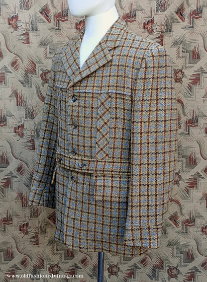 Vintage Mens 1970s Edwardian Style Bespoke Norfolk Tweed Country Belted Jacket Brown Checked Plaid Wool 40" Long