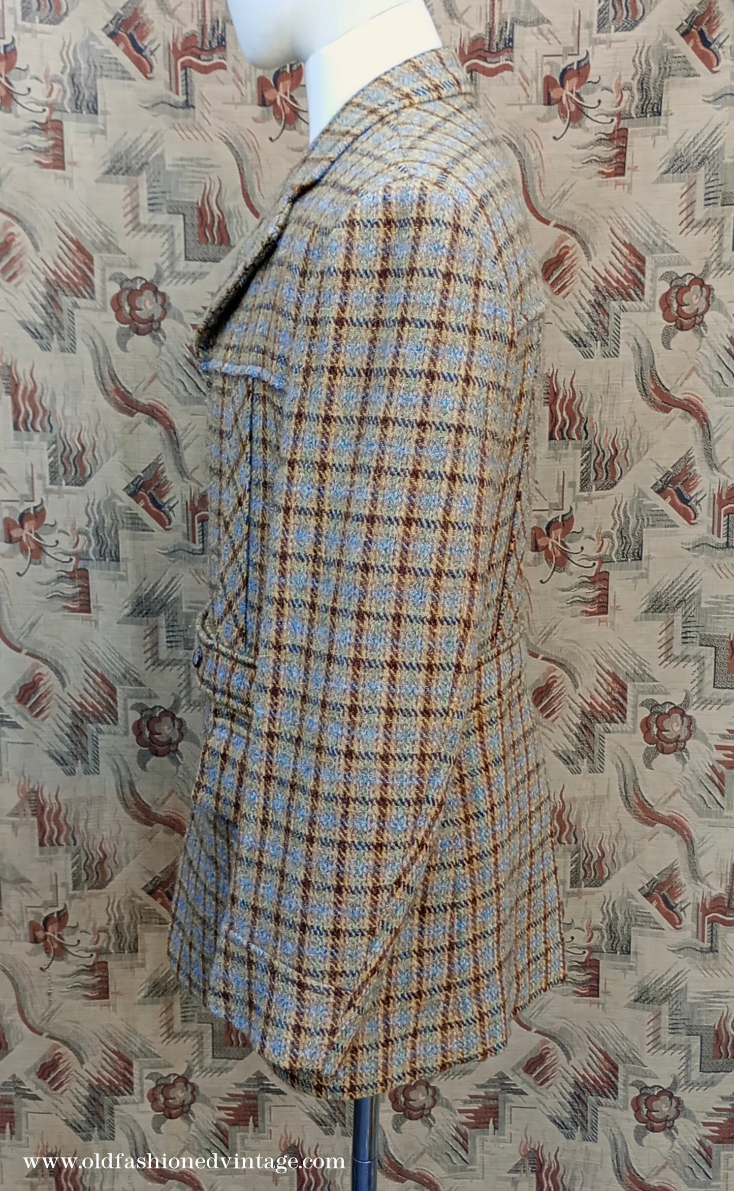 Vintage Mens 1970s Edwardian Style Bespoke Norfolk Tweed Country Belted Jacket Brown Checked Plaid Wool 40" Long