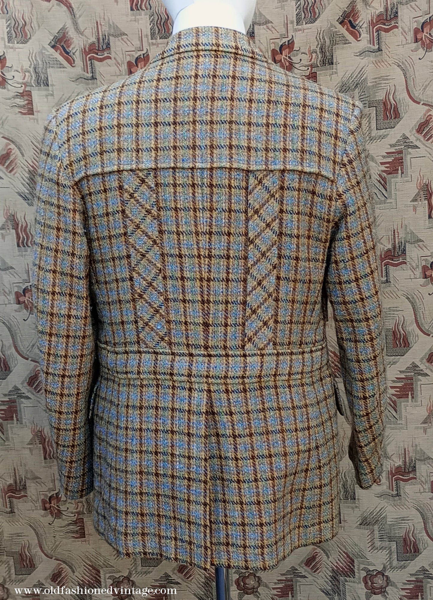 Vintage Mens 1970s Edwardian Style Bespoke Norfolk Tweed Country Belted Jacket Brown Checked Plaid Wool 40" Long