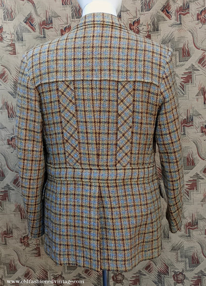 Vintage Mens 1970s Edwardian Style Bespoke Norfolk Tweed Country Belted Jacket Brown Checked Plaid Wool 40" Long