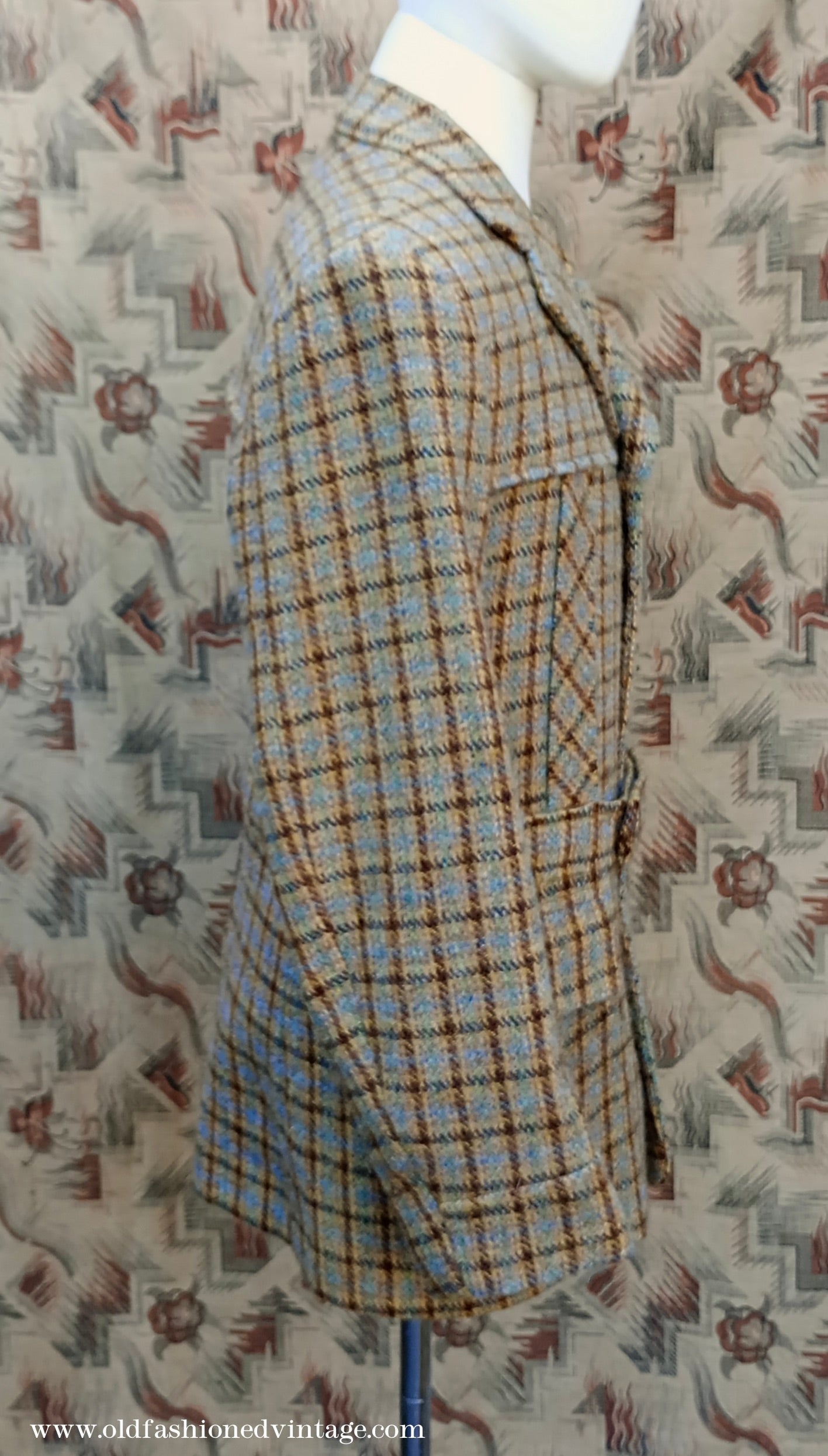 Vintage Mens 1970s Edwardian Style Bespoke Norfolk Tweed Country Belted Jacket Brown Checked Plaid Wool 40" Long