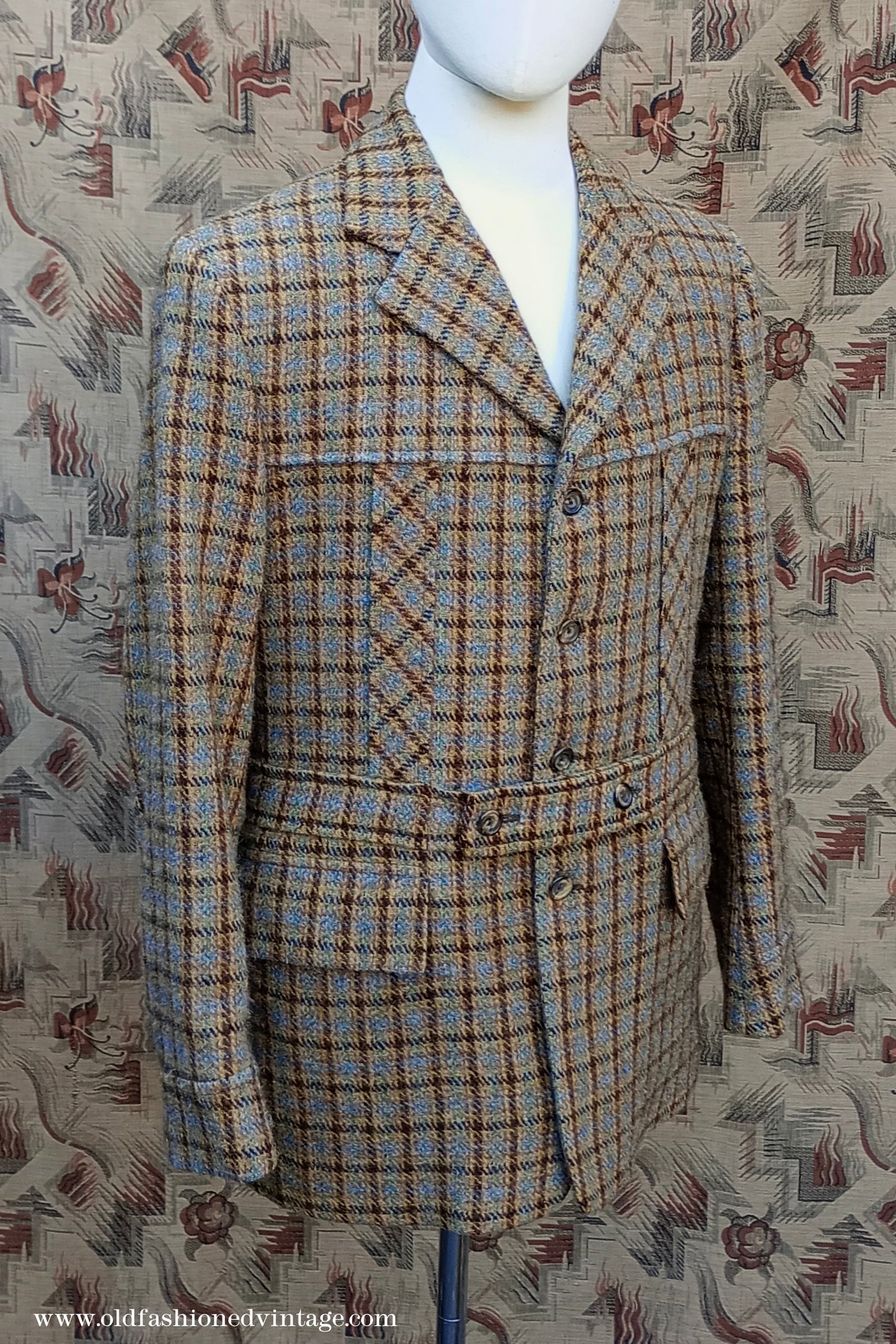 Vintage Mens 1970s Edwardian Style Bespoke Norfolk Tweed Country Belted Jacket Brown Checked Plaid Wool 40" Long