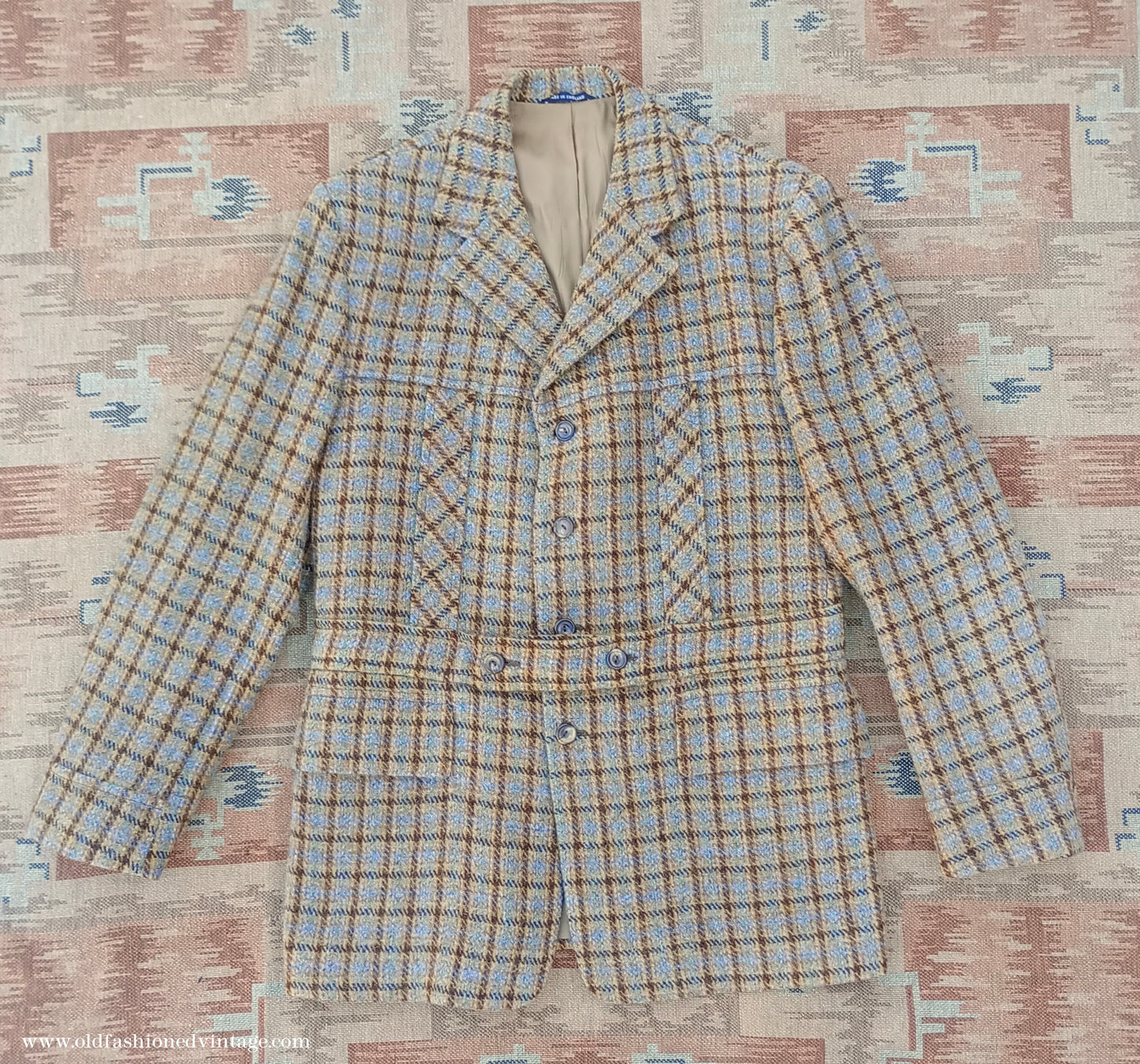 Vintage Mens 1970s Edwardian Style Bespoke Norfolk Tweed Country Belted Jacket Brown Checked Plaid Wool 40" Long