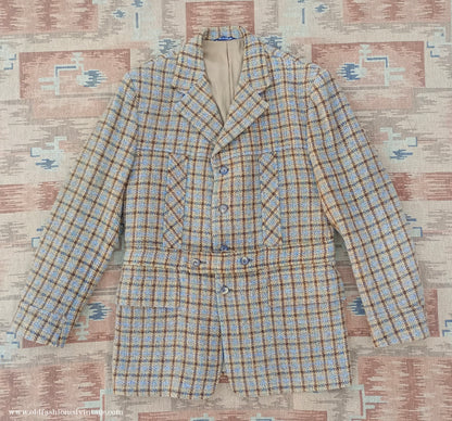 Vintage Mens 1970s Edwardian Style Bespoke Norfolk Tweed Country Belted Jacket Brown Checked Plaid Wool 40" Long