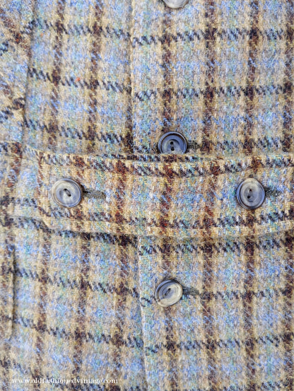 Vintage Mens 1970s Edwardian Style Bespoke Norfolk Tweed Country Belted Jacket Brown Checked Plaid Wool 40" Long