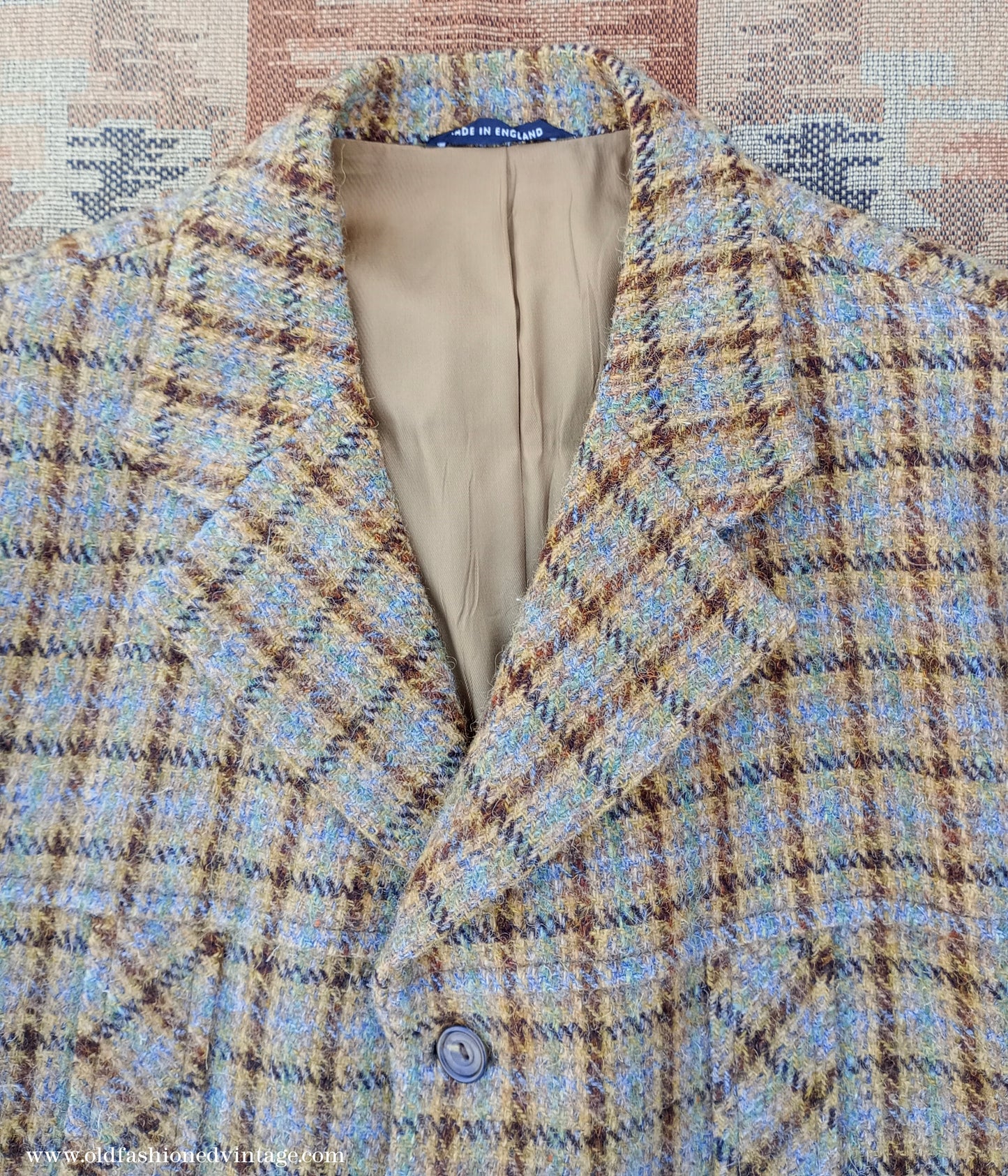 Vintage Mens 1970s Edwardian Style Bespoke Norfolk Tweed Country Belted Jacket Brown Checked Plaid Wool 40" Long