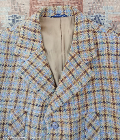 Vintage Mens 1970s Edwardian Style Bespoke Norfolk Tweed Country Belted Jacket Brown Checked Plaid Wool 40" Long