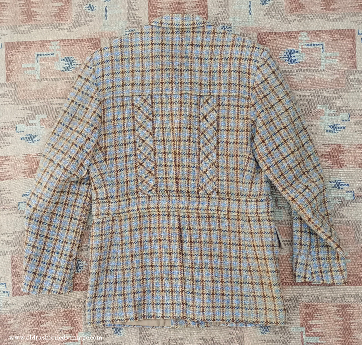 Vintage Mens 1970s Edwardian Style Bespoke Norfolk Tweed Country Belted Jacket Brown Checked Plaid Wool 40" Long