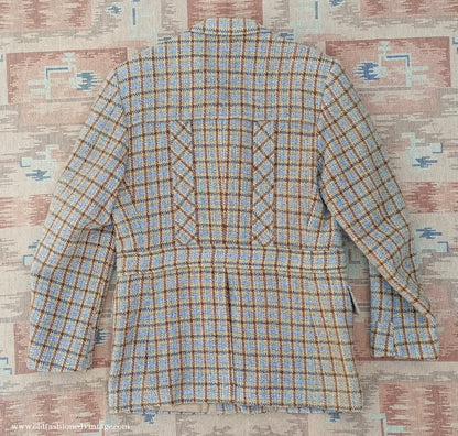 Vintage Mens 1970s Edwardian Style Bespoke Norfolk Tweed Country Belted Jacket Brown Checked Plaid Wool 40" Long