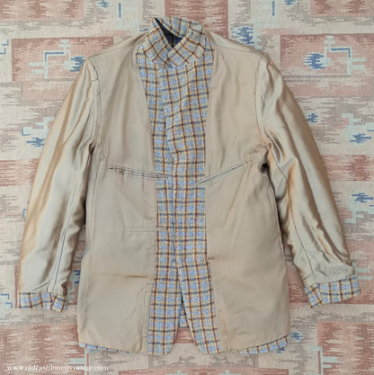 Vintage Mens 1970s Edwardian Style Bespoke Norfolk Tweed Country Belted Jacket Brown Checked Plaid Wool 40" Long