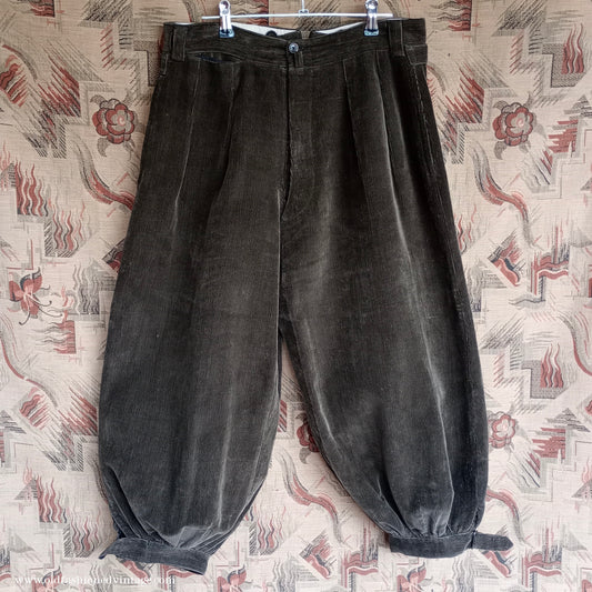 Vintage Mens 1940s Bespoke Corduroy Plus Fours +4s Needlecord Trousers Knickers Breeks Dark Olive Brown 30"