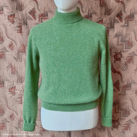 Old Fashioned Garments Vintage Reproduction 1930s 1940s Mens Roll Neck Jumper Green Shetland Wool Polo Turtle Sweater Medium
