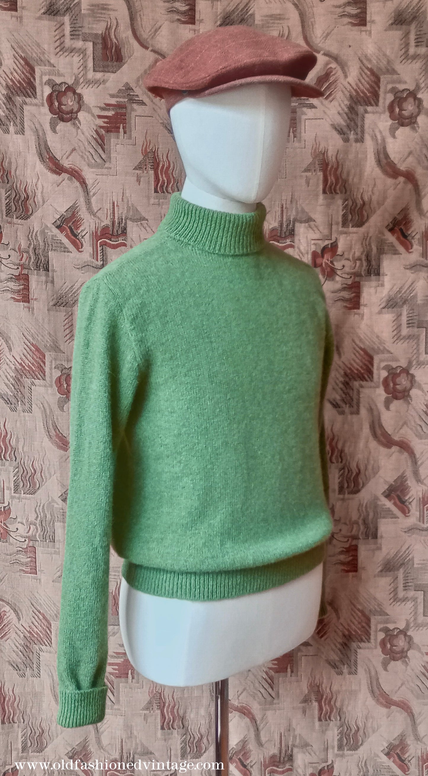 Old Fashioned Garments Vintage Reproduction 1930s 1940s Mens Roll Neck Jumper Green Shetland Wool Polo Turtle Sweater Medium
