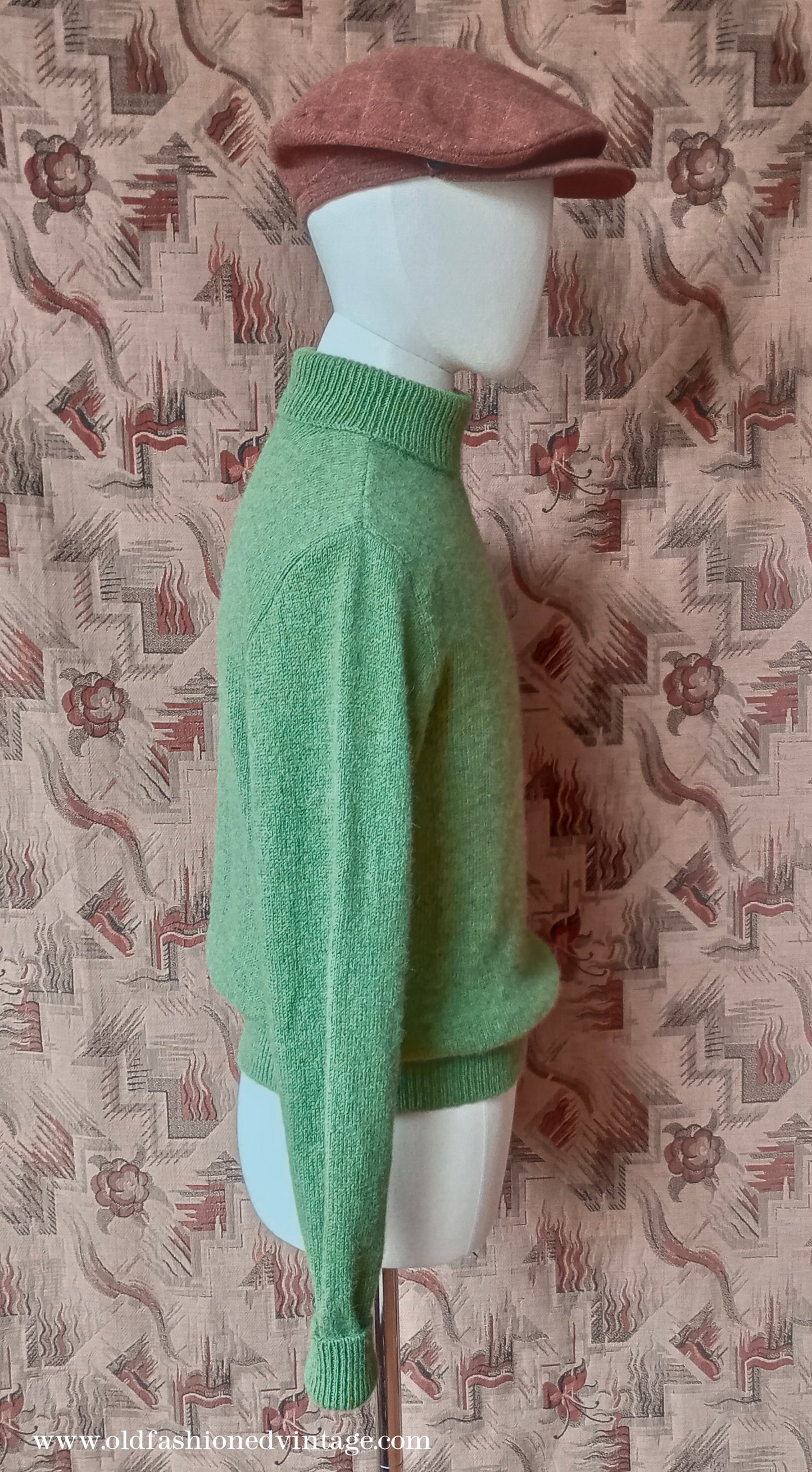 Old Fashioned Garments Vintage Reproduction 1930s 1940s Mens Roll Neck Jumper Green Shetland Wool Polo Turtle Sweater Medium