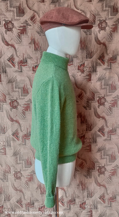 Old Fashioned Garments Vintage Reproduction 1930s 1940s Mens Roll Neck Jumper Green Shetland Wool Polo Turtle Sweater Medium