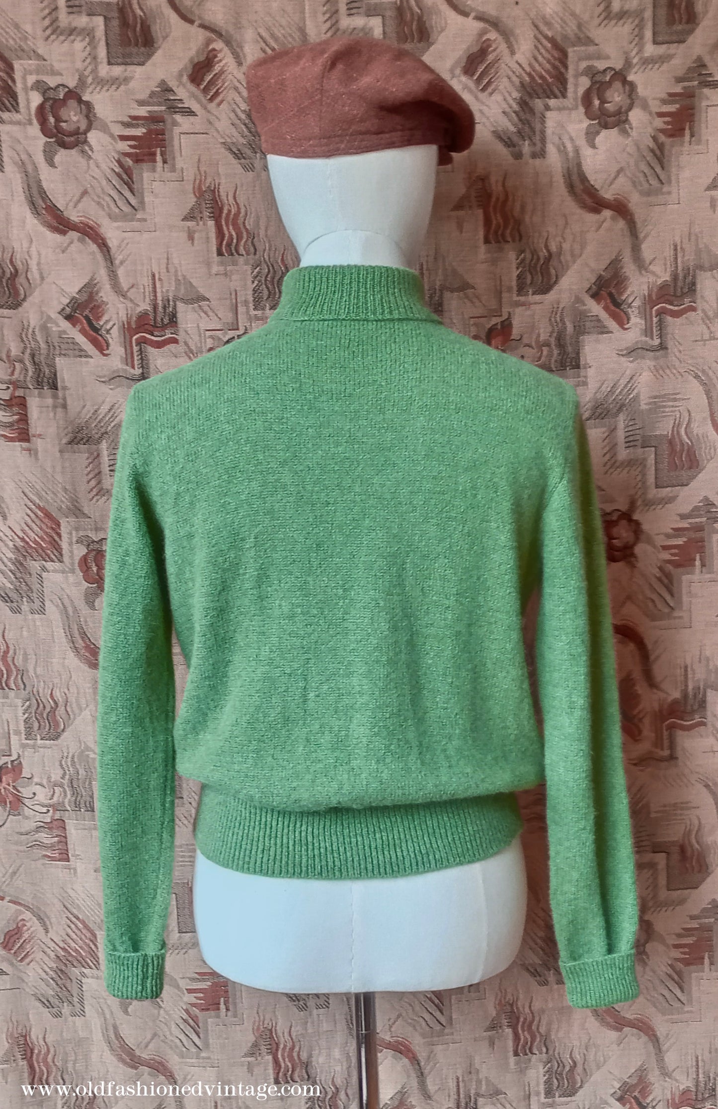 Old Fashioned Garments Vintage Reproduction 1930s 1940s Mens Roll Neck Jumper Green Shetland Wool Polo Turtle Sweater Medium