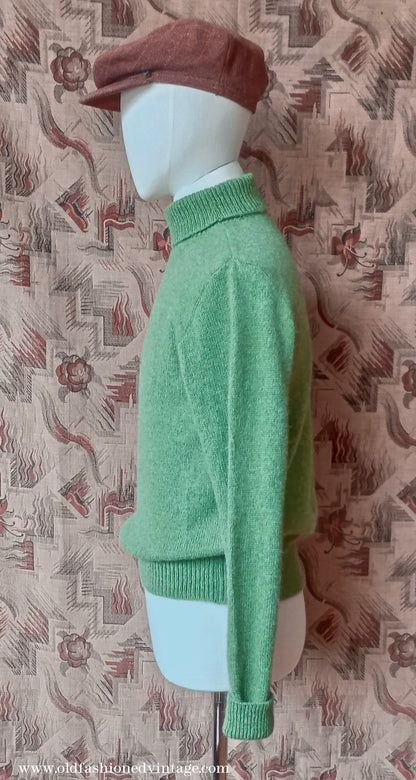 Old Fashioned Garments Vintage Reproduction 1930s 1940s Mens Roll Neck Jumper Green Shetland Wool Polo Turtle Sweater Medium