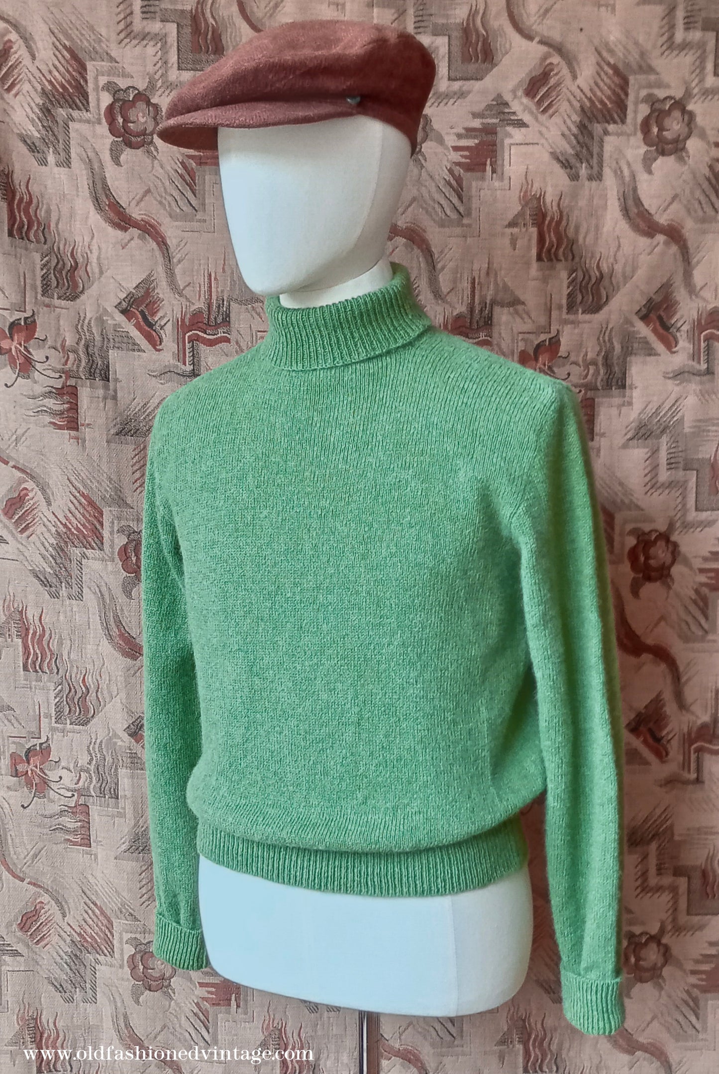 Old Fashioned Garments Vintage Reproduction 1930s 1940s Mens Roll Neck Jumper Green Shetland Wool Polo Turtle Sweater Medium