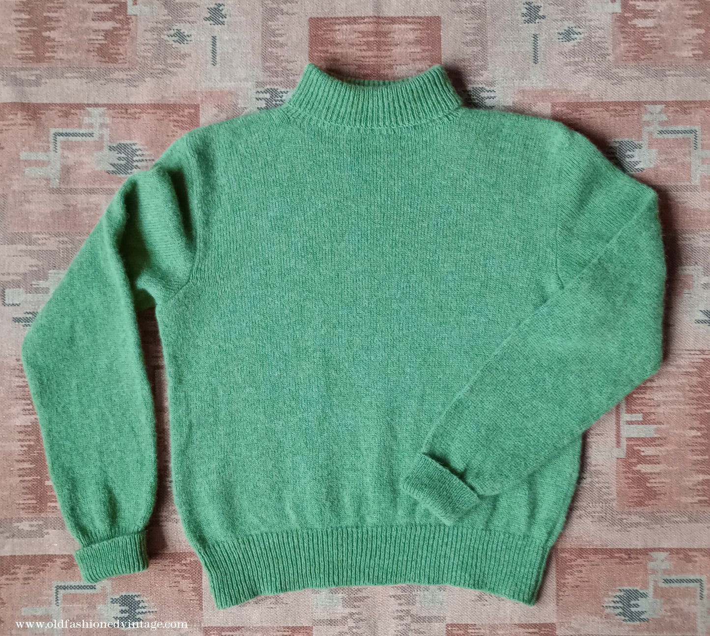Old Fashioned Garments Vintage Reproduction 1930s 1940s Mens Roll Neck Jumper Green Shetland Wool Polo Turtle Sweater Medium