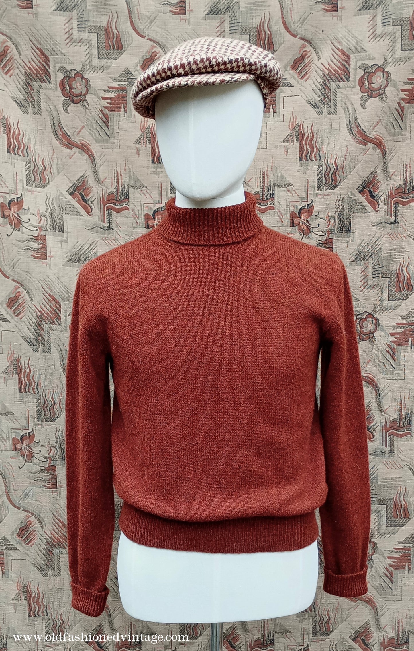 Old Fashioned Garments Vintage Reproduction 1930s 1940s Mens Roll Neck Jumper Rust Shetland Wool Polo Turtle Sweater Medium