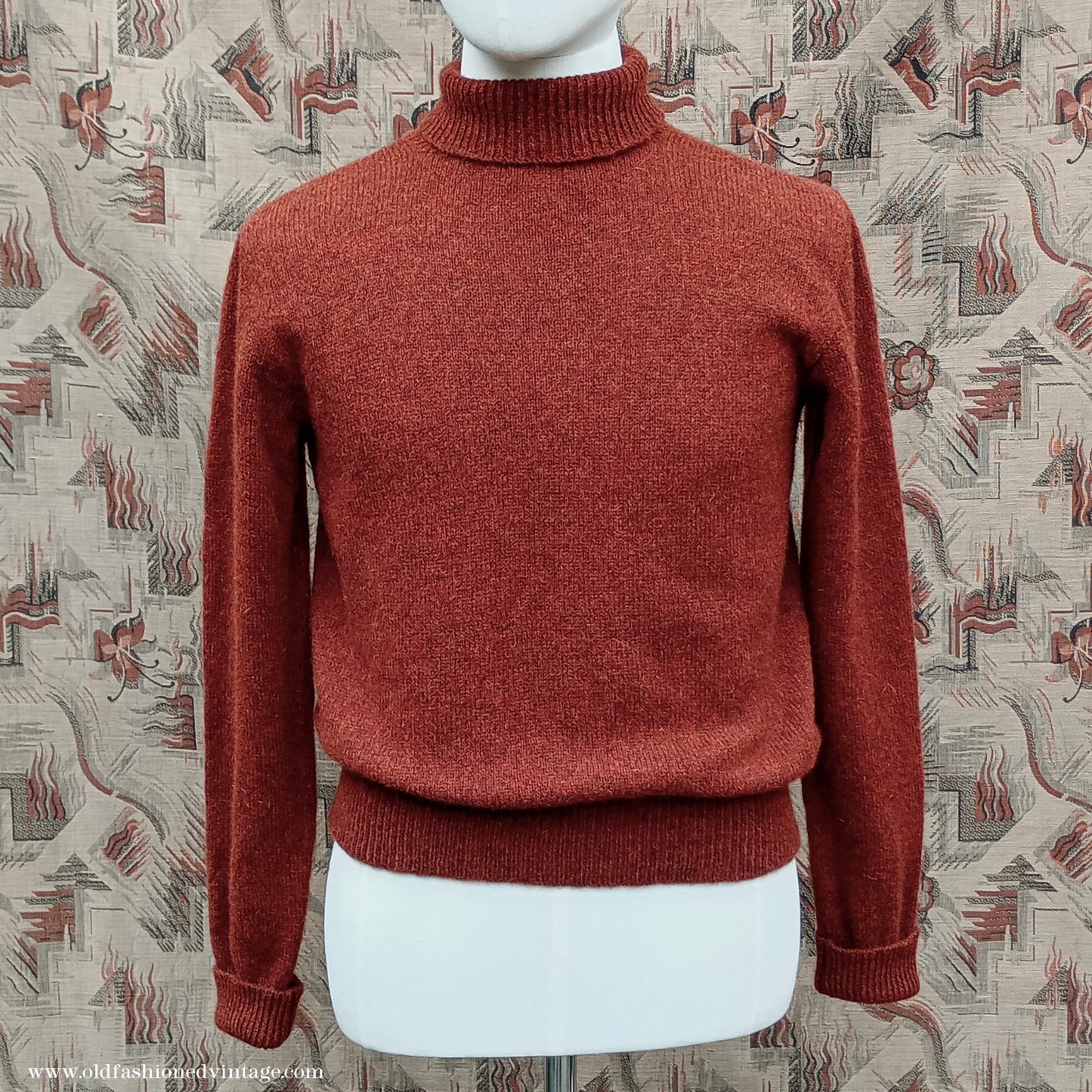 Old Fashioned Garments Vintage Reproduction 1930s 1940s Mens Roll Neck Jumper Rust Shetland Wool Polo Turtle Sweater Medium