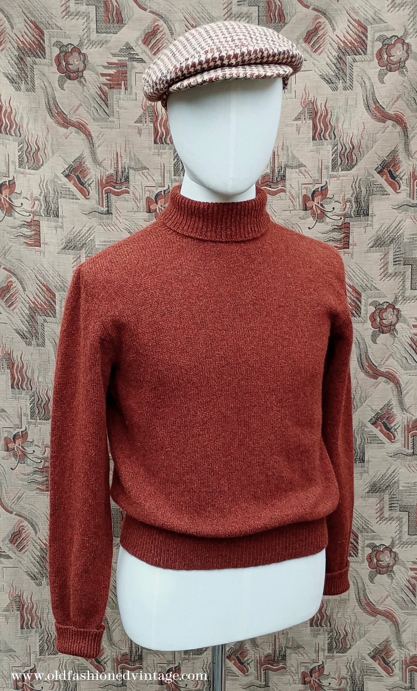 Old Fashioned Garments Vintage Reproduction 1930s 1940s Mens Roll Neck Jumper Rust Shetland Wool Polo Turtle Sweater Medium