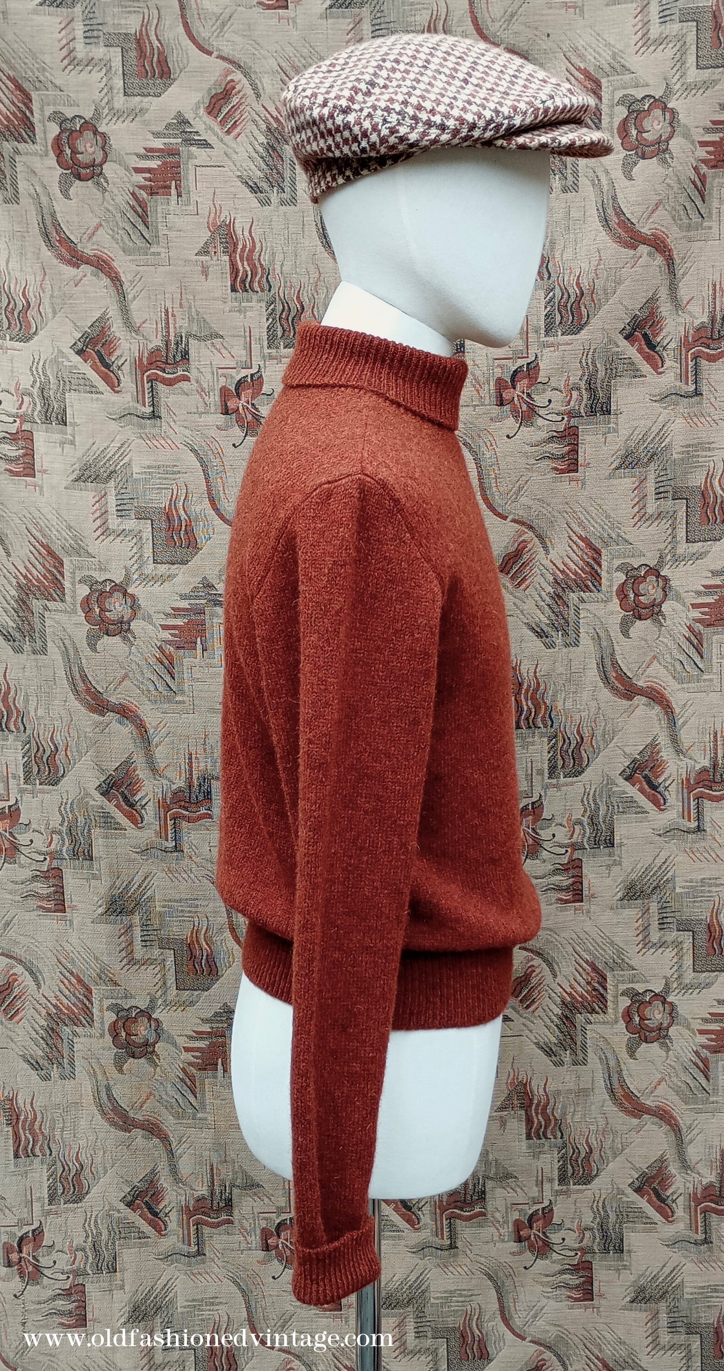 Old Fashioned Garments Vintage Reproduction 1930s 1940s Mens Roll Neck Jumper Rust Shetland Wool Polo Turtle Sweater Medium