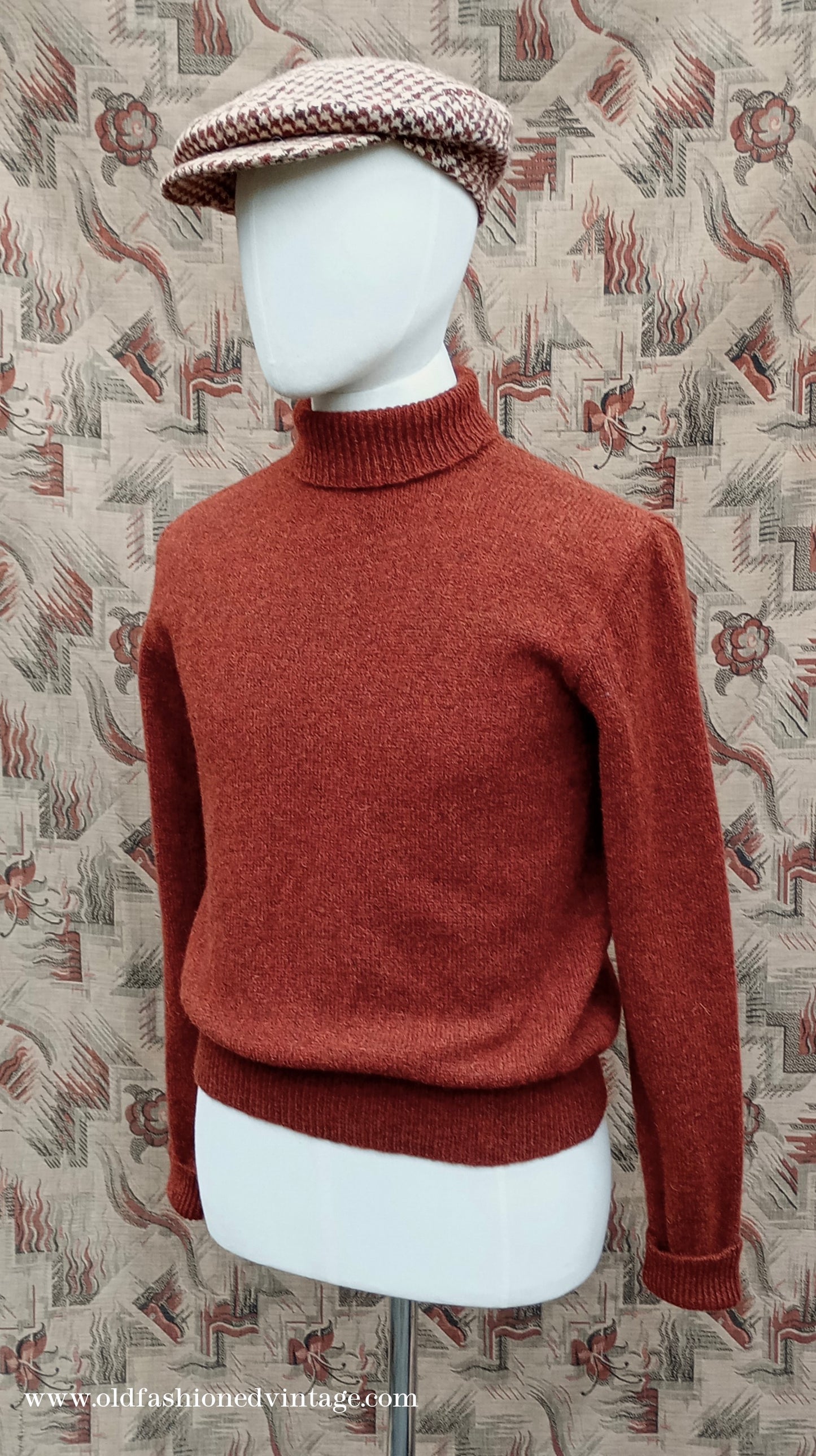 Old Fashioned Garments Vintage Reproduction 1930s 1940s Mens Roll Neck Jumper Rust Shetland Wool Polo Turtle Sweater Medium