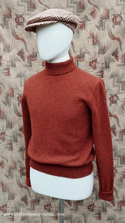 Old Fashioned Garments Vintage Reproduction 1930s 1940s Mens Roll Neck Jumper Rust Shetland Wool Polo Turtle Sweater Medium