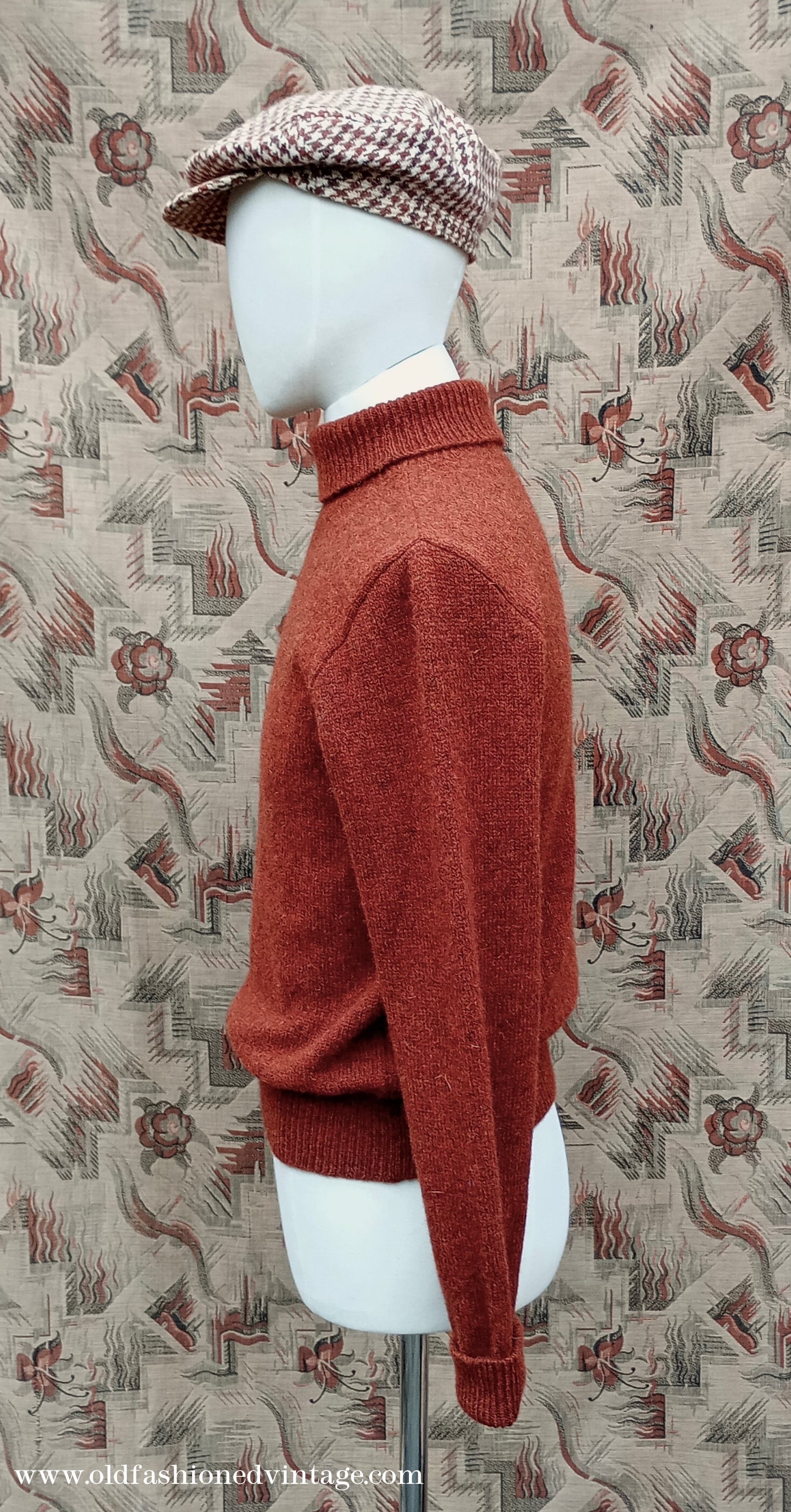 Old Fashioned Garments Vintage Reproduction 1930s 1940s Mens Roll Neck Jumper Rust Shetland Wool Polo Turtle Sweater Medium