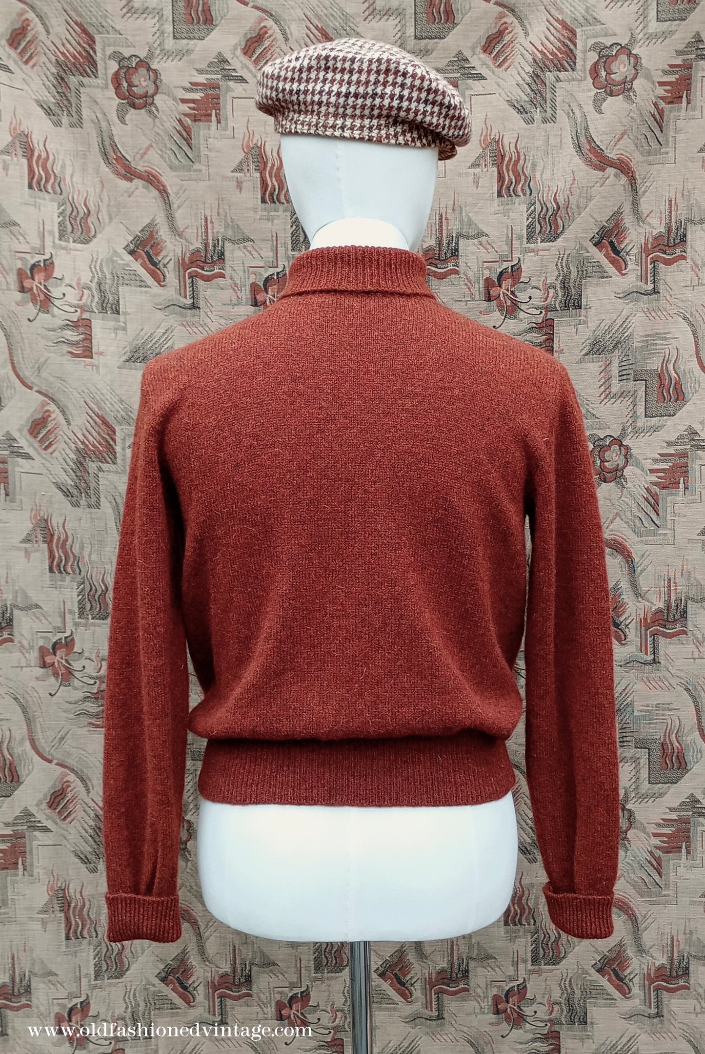 Old Fashioned Garments Vintage Reproduction 1930s 1940s Mens Roll Neck Jumper Rust Shetland Wool Polo Turtle Sweater Medium