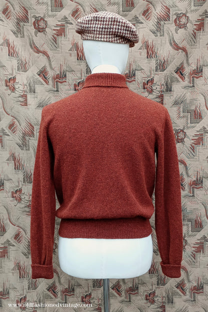 Old Fashioned Garments Vintage Reproduction 1930s 1940s Mens Roll Neck Jumper Rust Shetland Wool Polo Turtle Sweater Medium