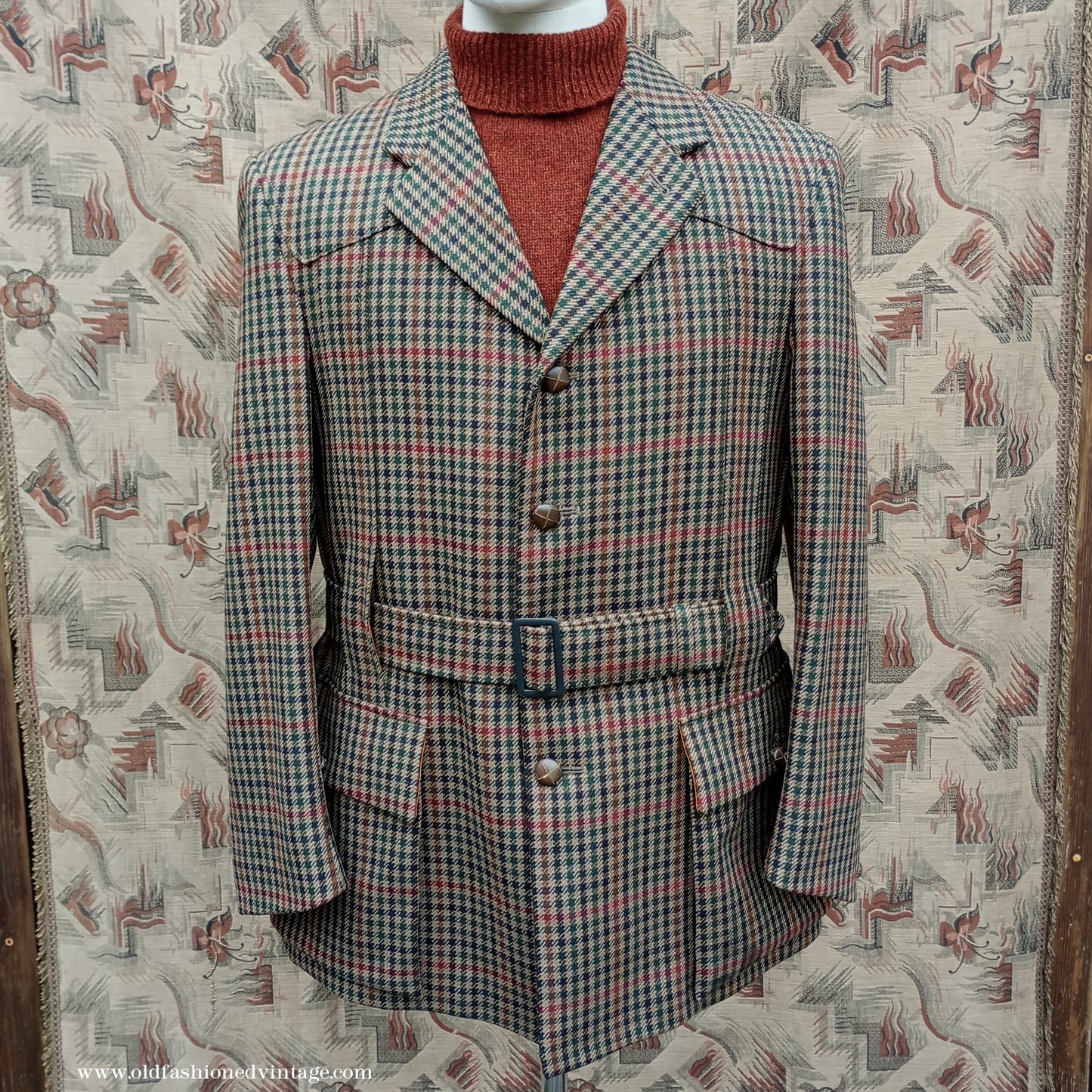 Mens John Brocklehurst Norfolk Tweed Country Belted Jacket Brown Checked Plaid Wool 42"