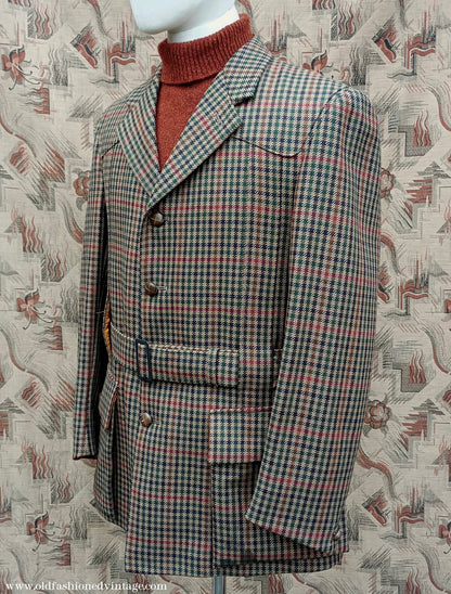 Mens John Brocklehurst Norfolk Tweed Country Belted Jacket Brown Checked Plaid Wool 42"