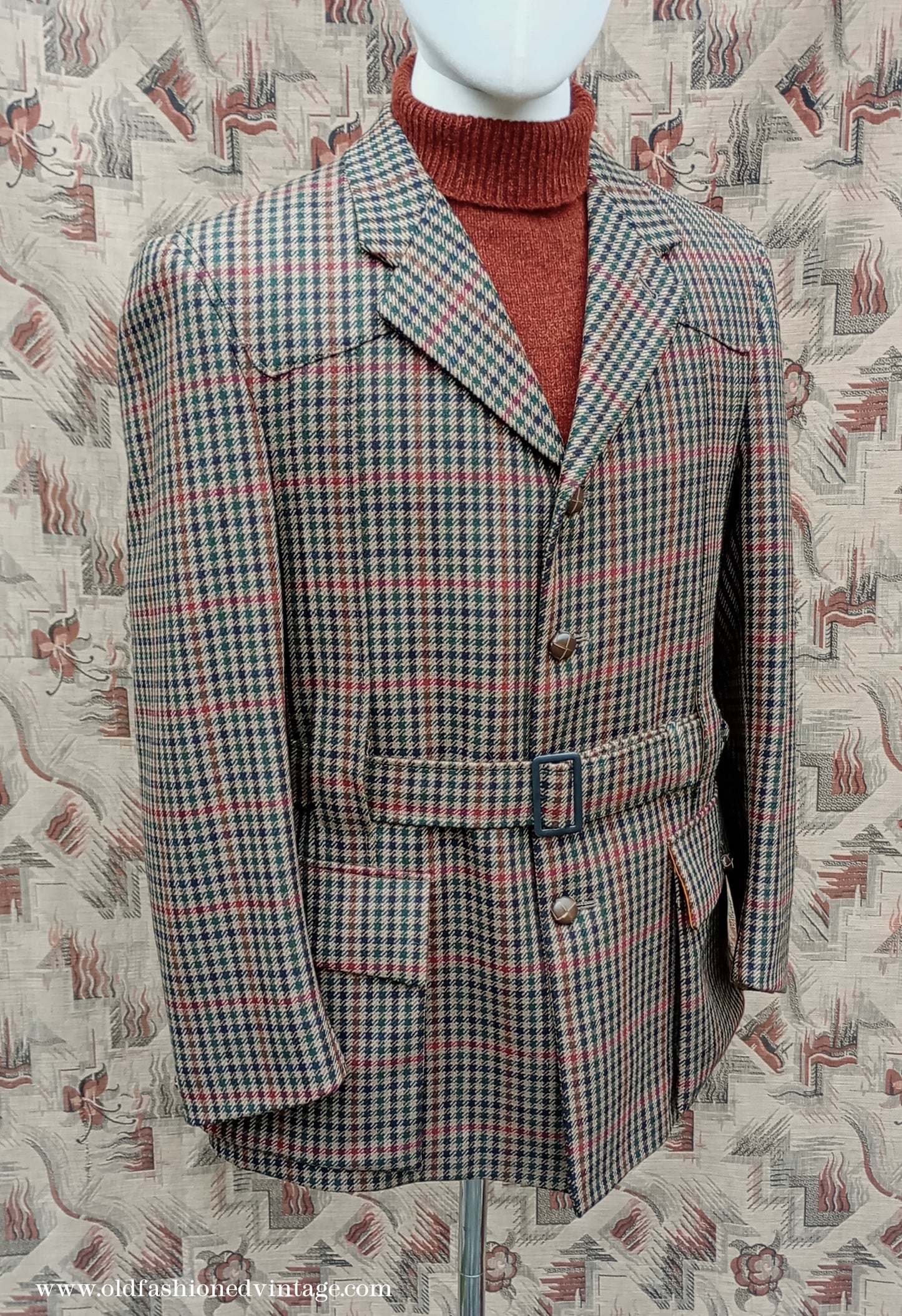 Mens John Brocklehurst Norfolk Tweed Country Belted Jacket Brown Checked Plaid Wool 42"